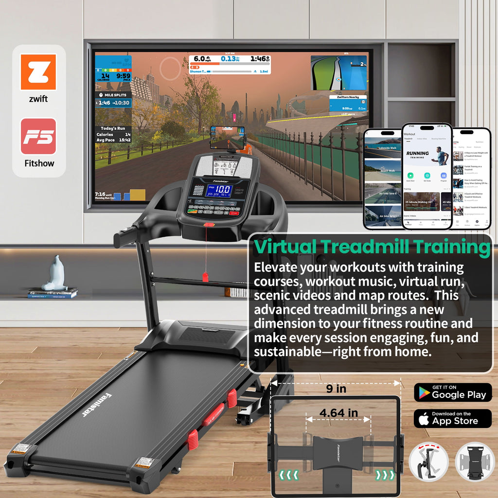 ODYAAZ 10MPH Folding Treadmill w/ 15% Auto Incline, 300lb Capacity, Treadmill for Home Portable Foldable Exercise Equipment Running Walking Machine, APP Control, 64 Programs, HiFi Bluetooth Speakers