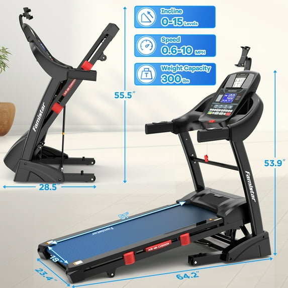 Famistar Treadmill 300 LB Capacity for Home Use, 15-Level Auto Incline, 4.9HP Folding Running Walking Treadmill, 10MPH Speed, Bluetooth, Smart Apps, 64+ Programs