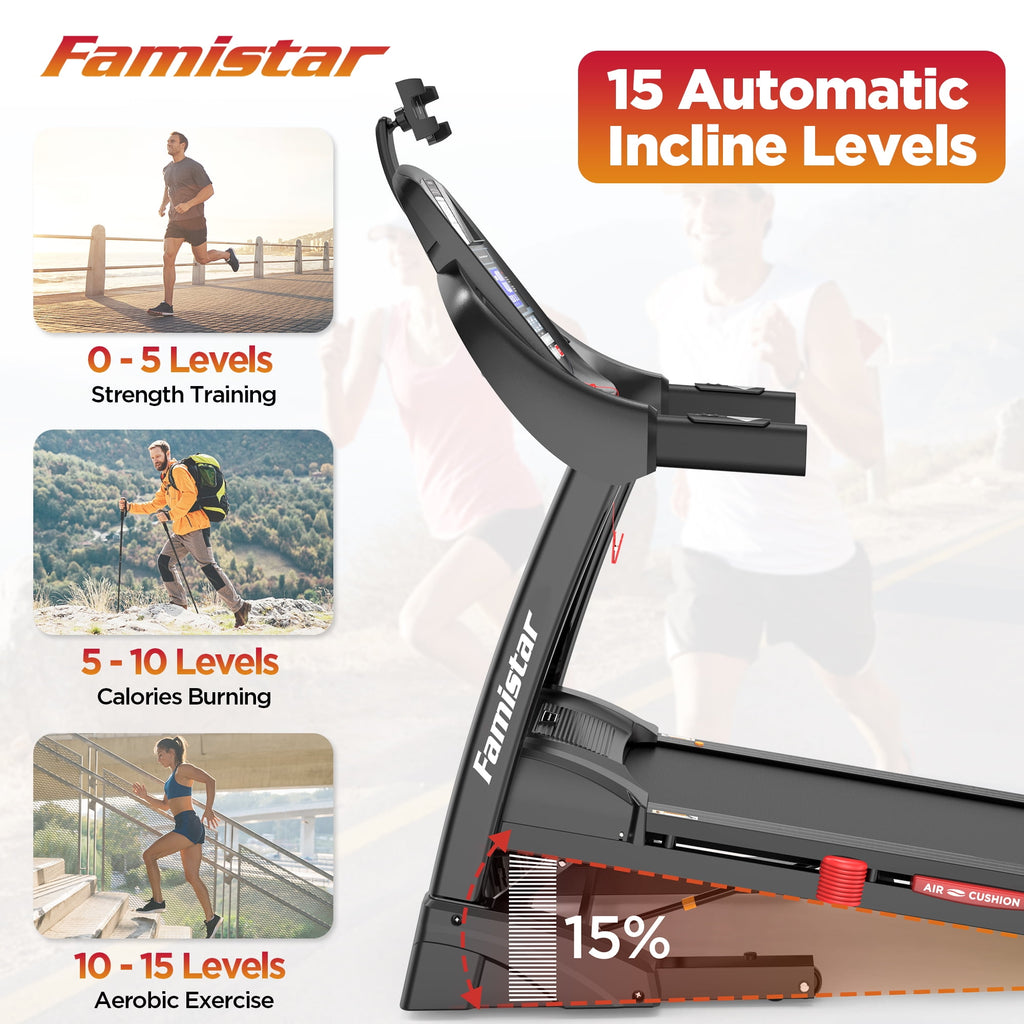 Famistar 4.5HP Folding Treadmill for Home with 15 Levels Auto Incline, 300LB Capacity, 10MPH Speed Controls, App Control, New Version, Black