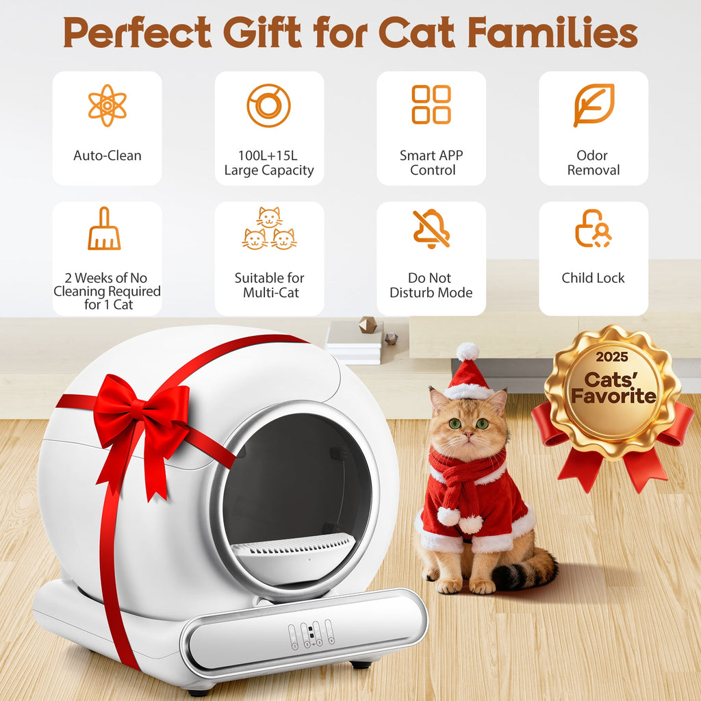 Campmoy Self Cleaning Cat Litter Box, 115L Automatic Litter Box w/ Liner, 10 Sensor Protection for Multi Cat, Dual APP+ Panel Control,Odor Removal,Litter Box