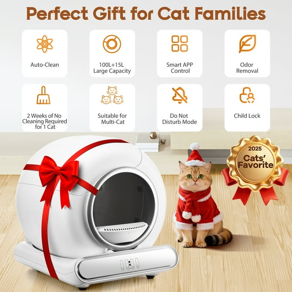 Campmoy Self Cleaning Cat Litter Box, 115L Automatic Litter Box w/ Liner, 10 Sensor Protection for Multi Cat, Dual APP+ Panel Control,Odor Removal,Litter Box