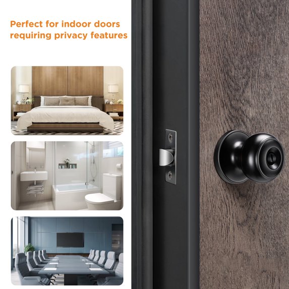 ODYAAZ 5 Pack Privacy Door Knob Set, Interior & Exterior Ball Door Knobs for Bedroom & Bathroom, Adjustable Latch, Stainless Steel Matte Black Finish