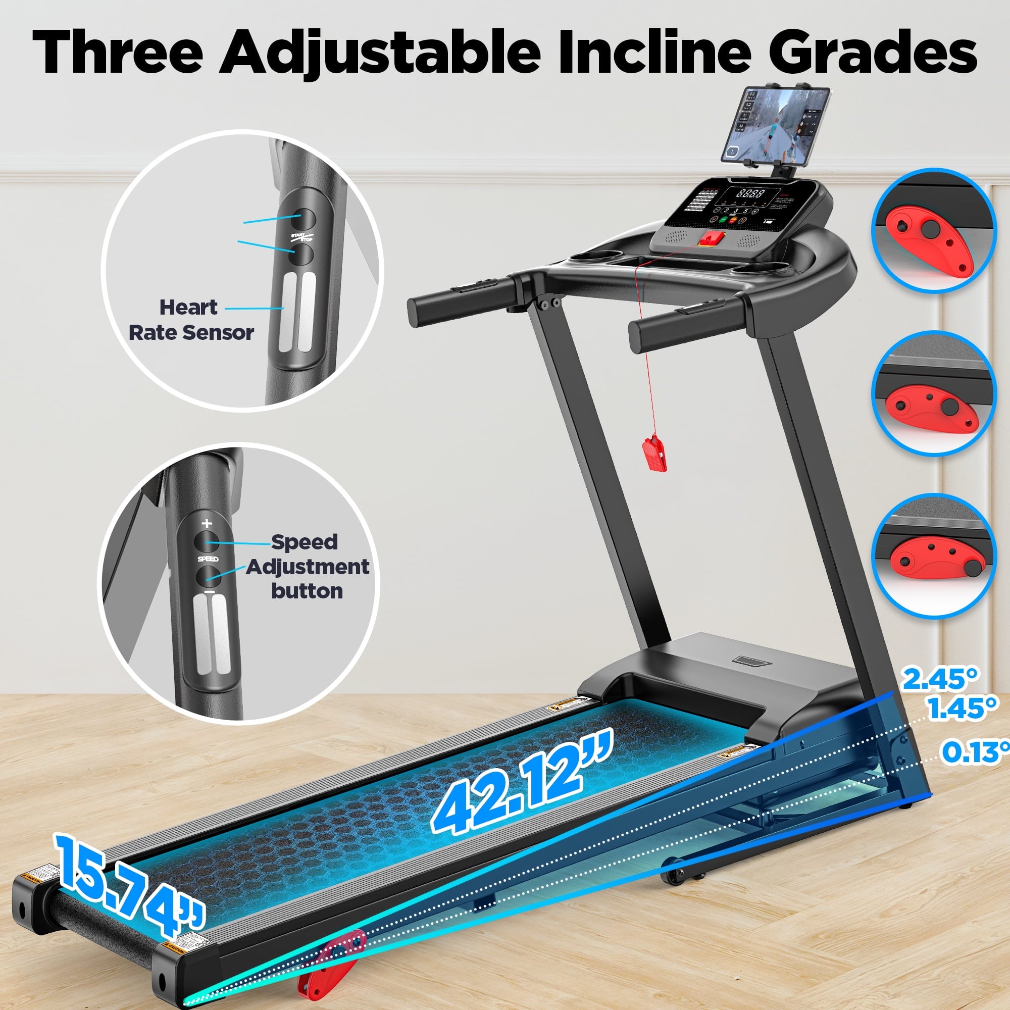 FaayFian Portable Folding Treadmill for Home/Office – Quiet 3.0 HP Motor, 300 lb Capacity, 3-Level Manual Incline, 0.6–7.5 mph, 64 Programs & App Control, Bluetooth Speakers, LED Screen, Shock-Absorbing Deck