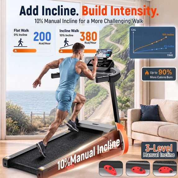 OXIBYPU 3.7HP Motor Folding Treadmill for Home with Incline, 300 lbs Capacity Exercise Treadmill, 7.5 MPH Speed, 10-Level Manual Incline, 71 Programs Smart APP Control, Portable Walking Running Machine