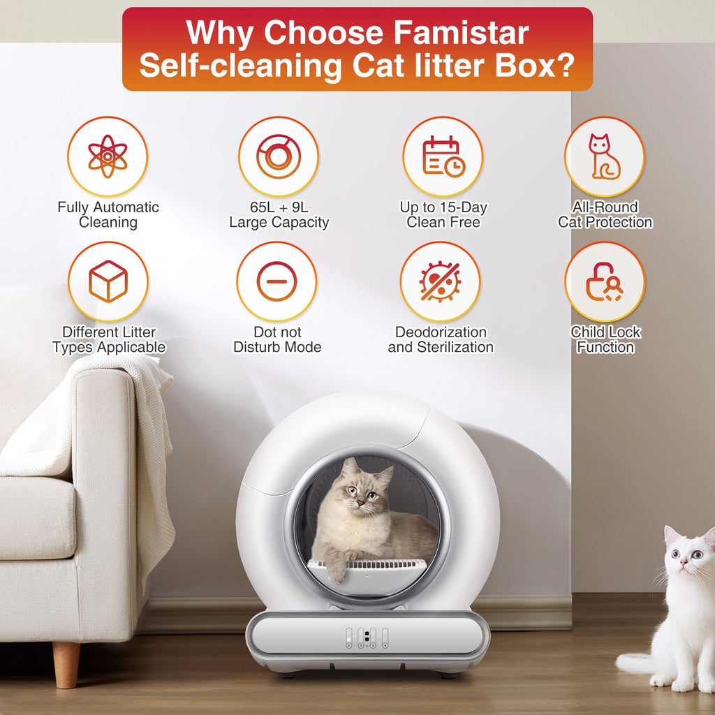 Campmoy Smart Automatic Self-Cleaning Cat Litter Box for Multi-Cat w/ App Control, Dual Safety Protection, Real-Time Health Tracking, 65L+9L, Odor Removal Cat Litter Box with 2 Roll Liners