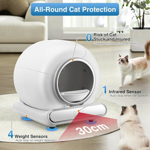 Campmoy Self Cleaning Litter Box, Automatic Cat Litter Box for Multiple Cats, 65L+9L Large Capacity, 2 Rolls Liner, Negative ion Deodorization, APP Control, Toilet Monitorin, White
