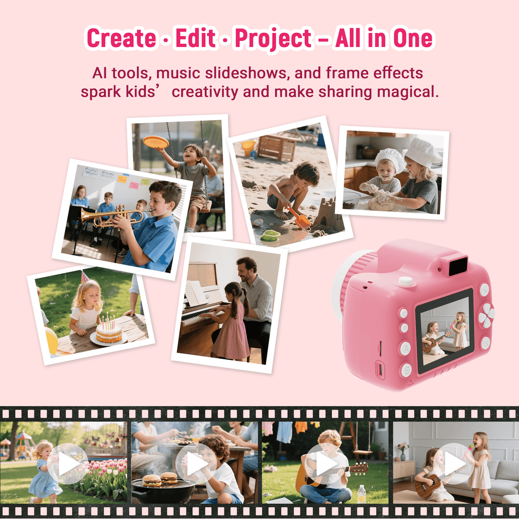 FaayFian Kids Camera with Projector - 1080P HD Video Recording, Simple Operation and Flexible Use, 6000mAh Big Battery & 32GB SD Card, Birthday Gift for Boys Girls (Pink)