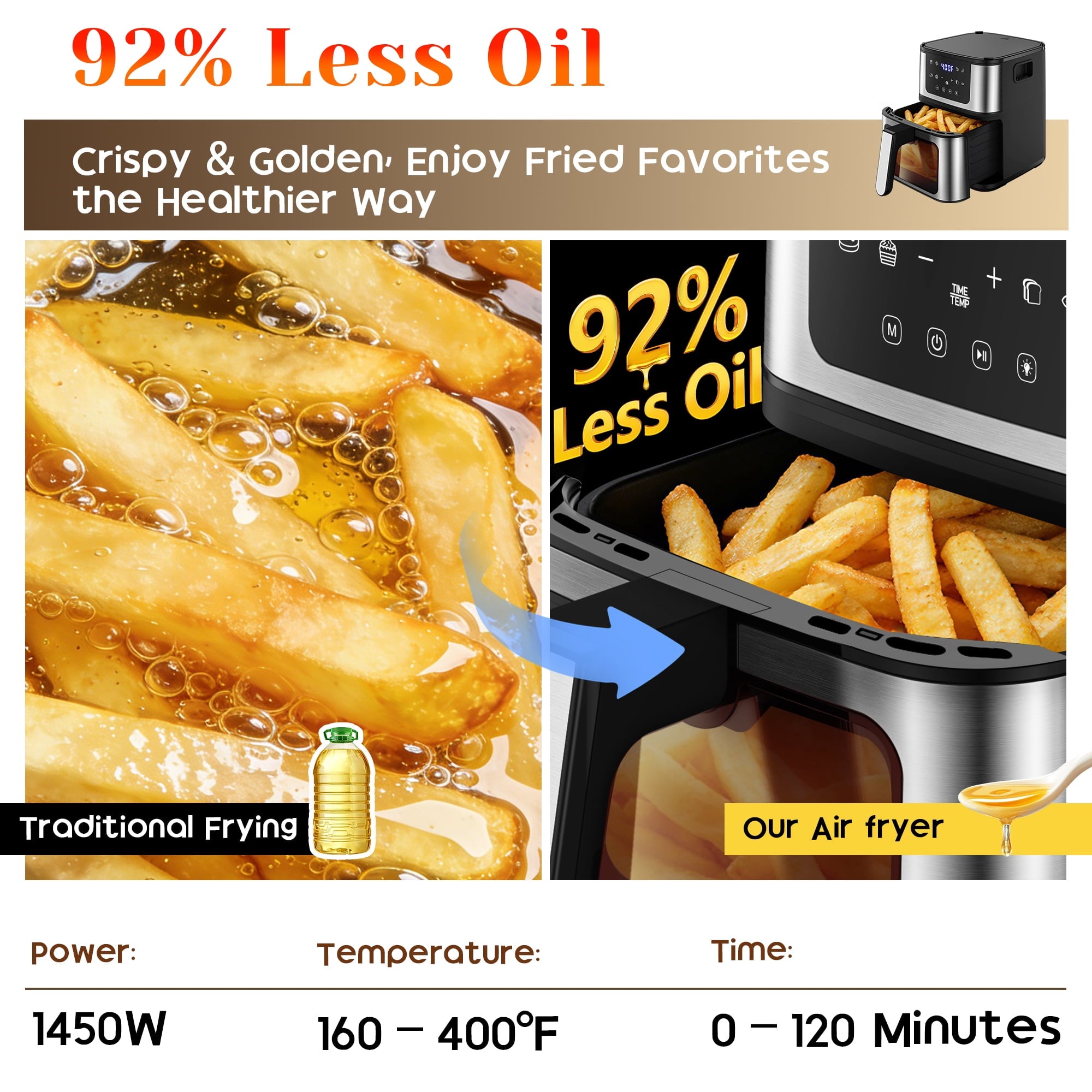 AQUGOKS 2-in-1 Versatility Digital Air Fryer & Grill 2X Faster Cooking, Air Fryer 7.5 QT, Nonstick Basket + 100 Liners, 8 Present Cookings Air Fryer,Black