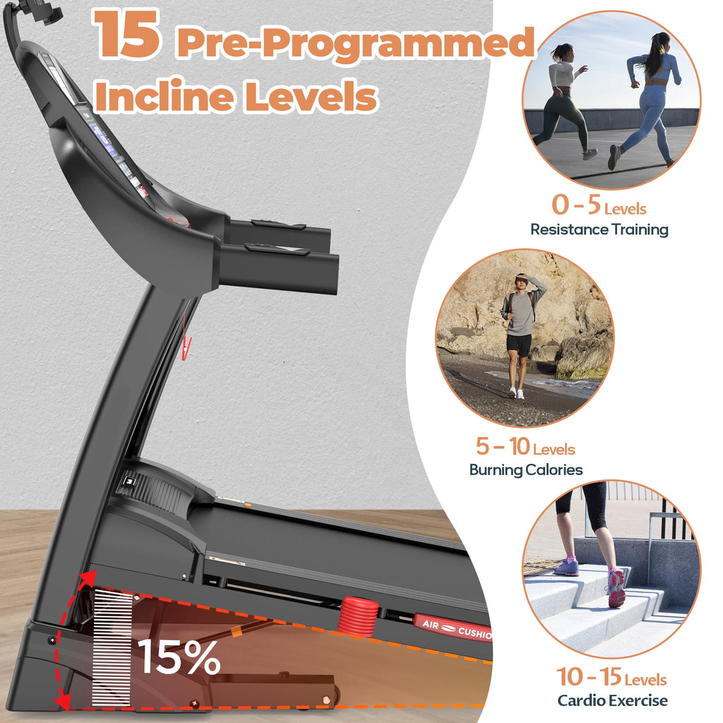 ODYAAZ 5HP Foldable Treadmill w/ 15% Auto Incline, 400LB Treadmill for Home Jogging Walking, Personalized App Control, 71 Programs,10MPH Fast Speed for Varied Workout Intensity, Shock Absorption Dual Deck