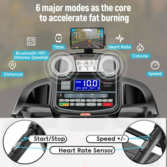 Qvamodo Foldable Treadmill with 15% Auto Incline, 300LB Capacity, Smart App Control, Shock Absorption Belt, Heart Rate Monitor, Home Gym Running Machine