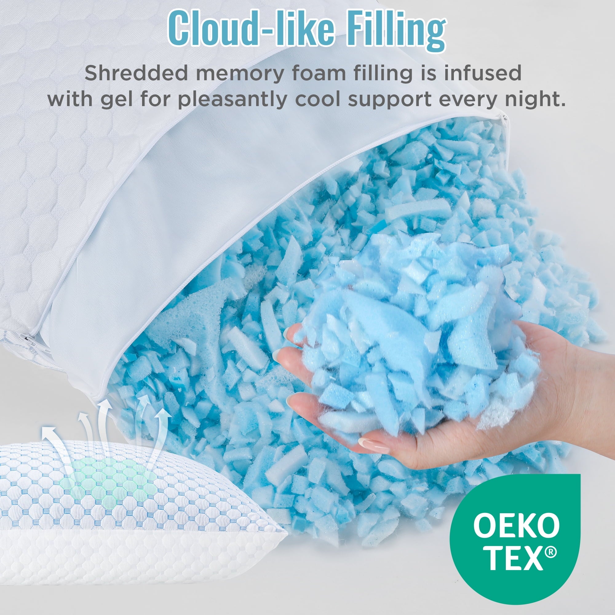 ODYAAZ Pillows Queen Size Set of 2, Shredded Memory Foam Cooling Pillows, Cooling Hotel Gusseted Pillows, for Side, Back & Stomach Sleeper, Adjustable Loft, OEKO-TEX Certified, 30"*20"