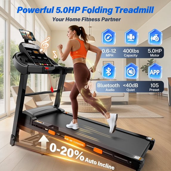 AQUGOKS 20% Auto Incline Treadmills for Home, 5.15HP 12MPH Foldable Walking Running Treadmill with LCD Displays, 95+10 Programs, Portable Treadmill Up to 400LBS Capacity, APP Connection