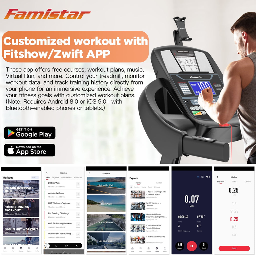 Famistar 5HP Foldable Treadmill w/ 15% Auto Incline, 400LB Treadmill for Home Jogging Walking, Personalized App Control, 71 Programs,10MPH Fast Speed for Varied Workout Intensity, Shock Absorption Dual Deck