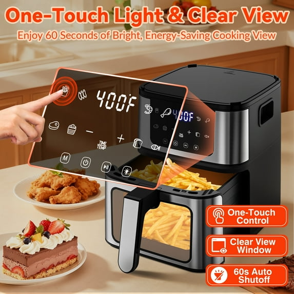 AQUGOKS Air Fryer 7.5QT Oven with 8-in-1 Multi Function, Visible Window and Touchscreen, Versatile Air Fryer for Roasting, Baking, Reheating Healthy Meals, Black, 100 Liners Gift