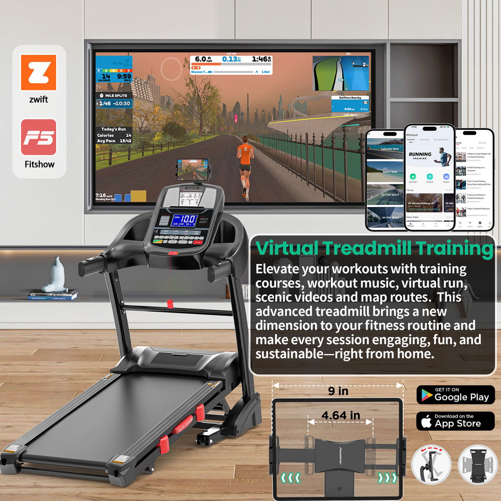 ODYAAZ 10MPH Folding Treadmill w/ 15% Auto Incline, 300lb Capacity, Treadmill for Home Portable Foldable Exercise Equipment Running Walking Machine, APP Control, 64 Programs, HiFi Bluetooth Speakers