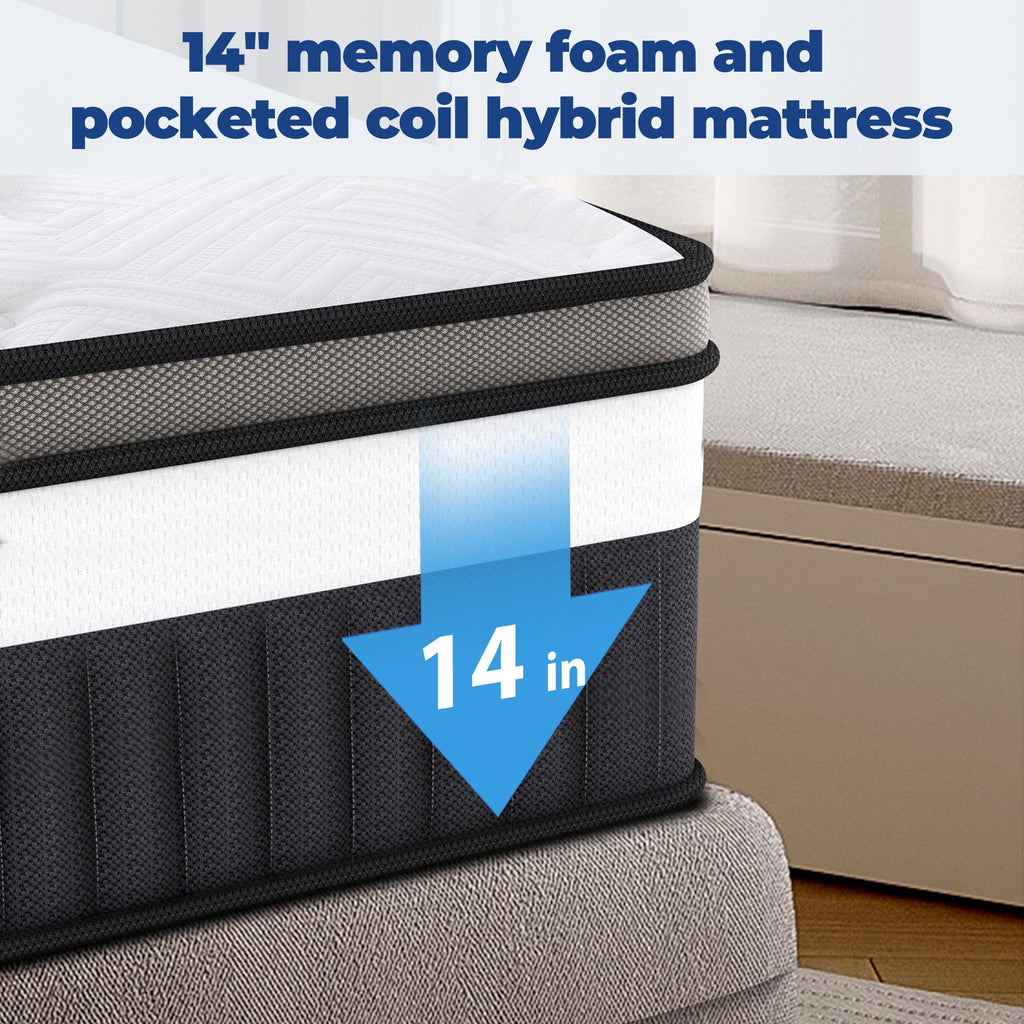 ODYAAZ 14" King Size Mattress Medium Firm Memory Foam Hybrid Mattress with Pressure Relief