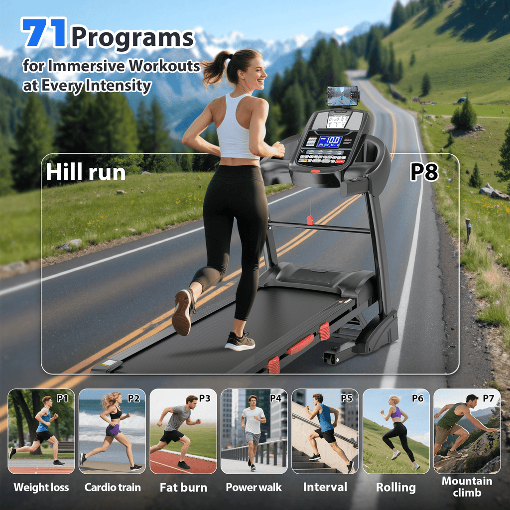 Campmoy 5HP Foldable Treadmill for Home w/ 15% Auto Incline, 400lbs Capacity, 10MPH Portable Treadmill, 64+7 Programs, Personalized Workout with APP, Running Walking treadmill