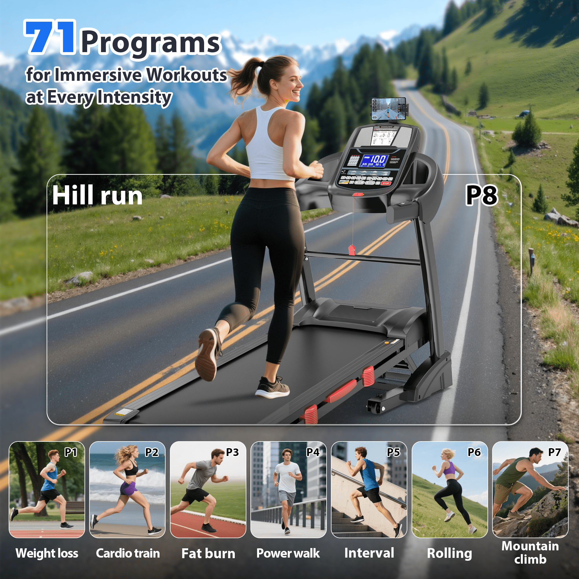 Campmoy 5HP Foldable Treadmill for Home w/ 15% Auto Incline, 400lbs Capacity, 10MPH Portable Treadmill, 64+7 Programs, Personalized Workout with APP, Running Walking treadmill