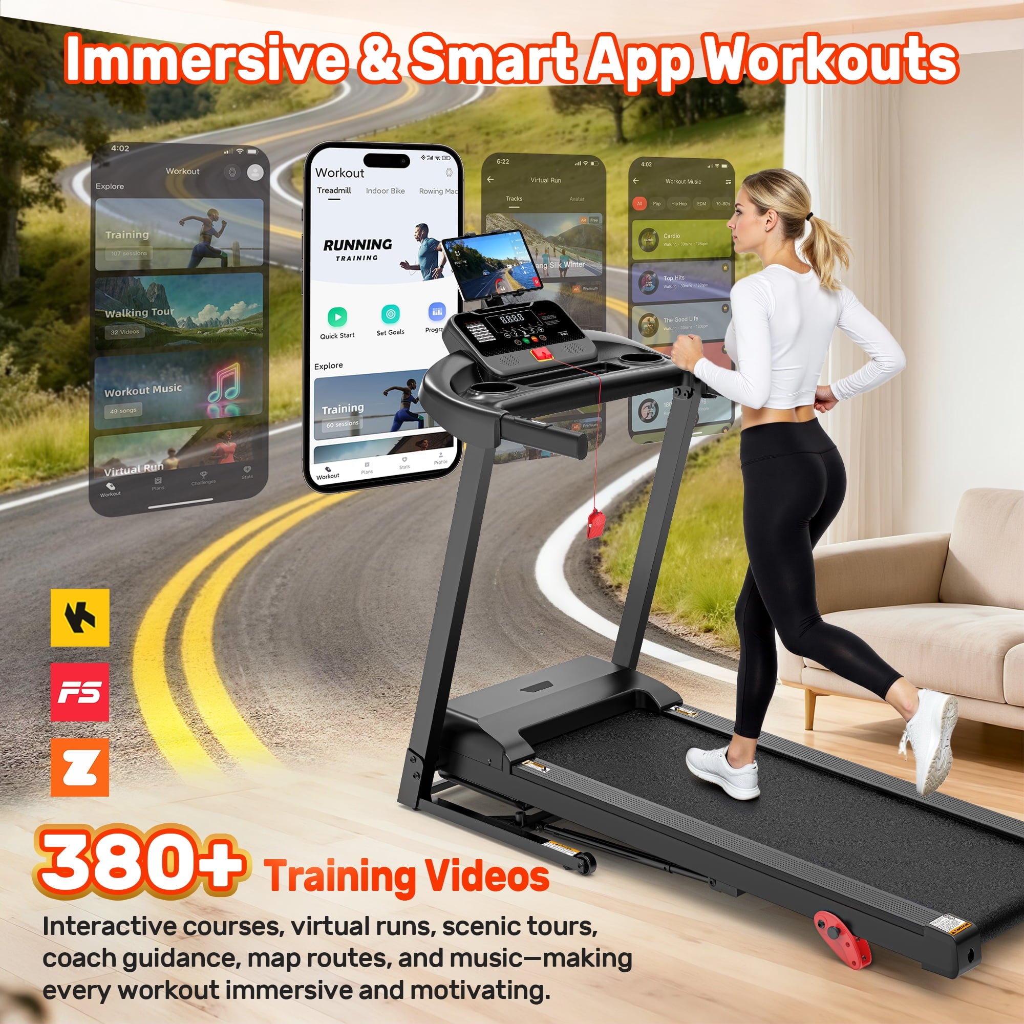 Campmoy 300 lbs Capacity Treadmill for Home, 3.5HP Folding Treadmill w/ 71 Preset Workouts, APP with Free Train Courses, Dual HiFi Speakers, Exercise Equipment for Walking, Jogging, Running