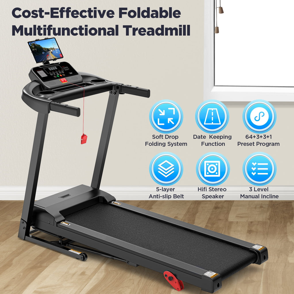 WNANEEZ 3.75HP Folding Treadmill for Home with 9% Incline, 7.5 MPH Max Speed, 350 lbs Capacity, Bluetooth Speaker & APP Control, Shock Absorption Running Belt