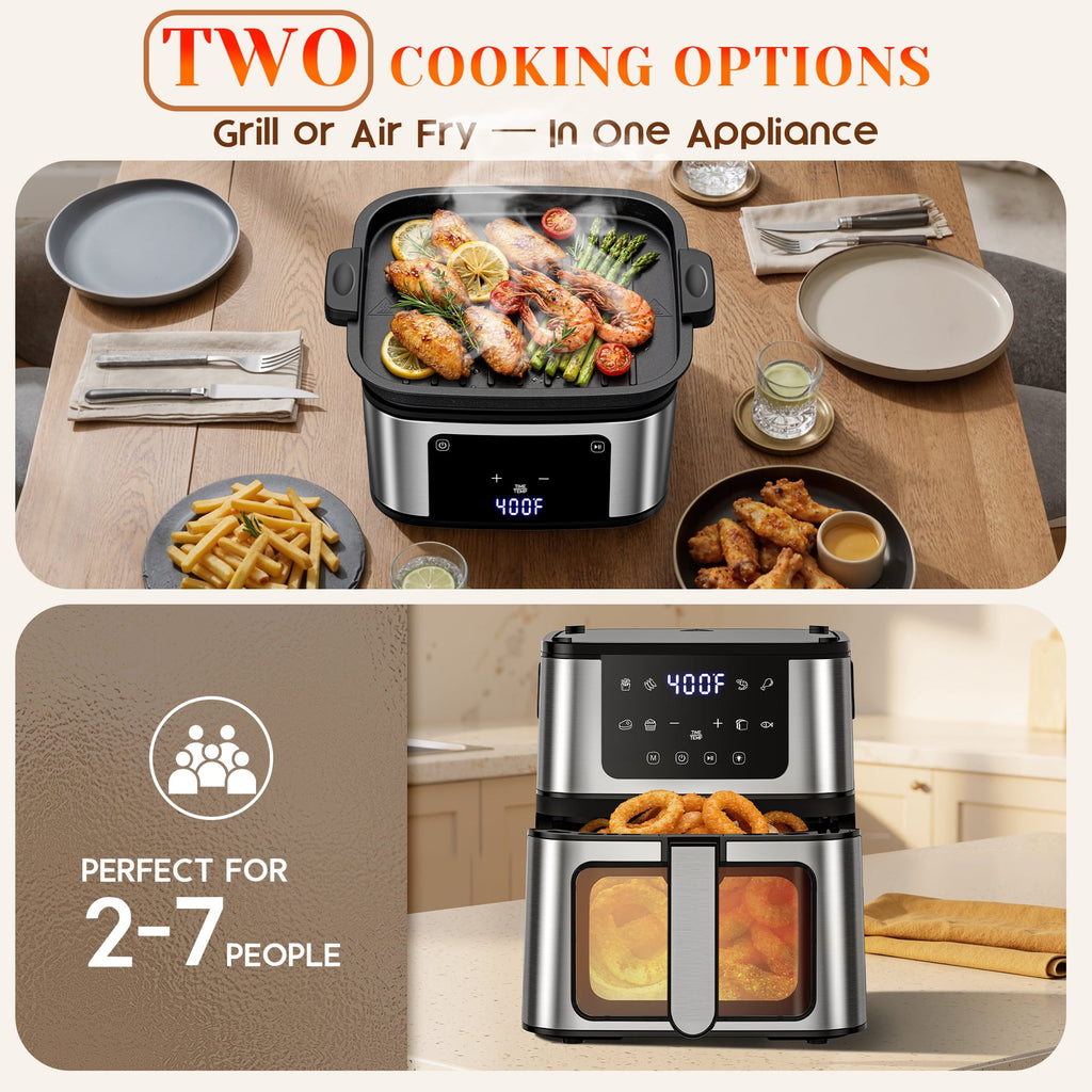 AQUGOKS 2-in-1 Air Fryer Grill Combo with Flip Plate, Viewing Window, 8 Presets, Nonstick Basket, 100 Liners Gift, Healthy Oil-Less Cooking for Family Meals