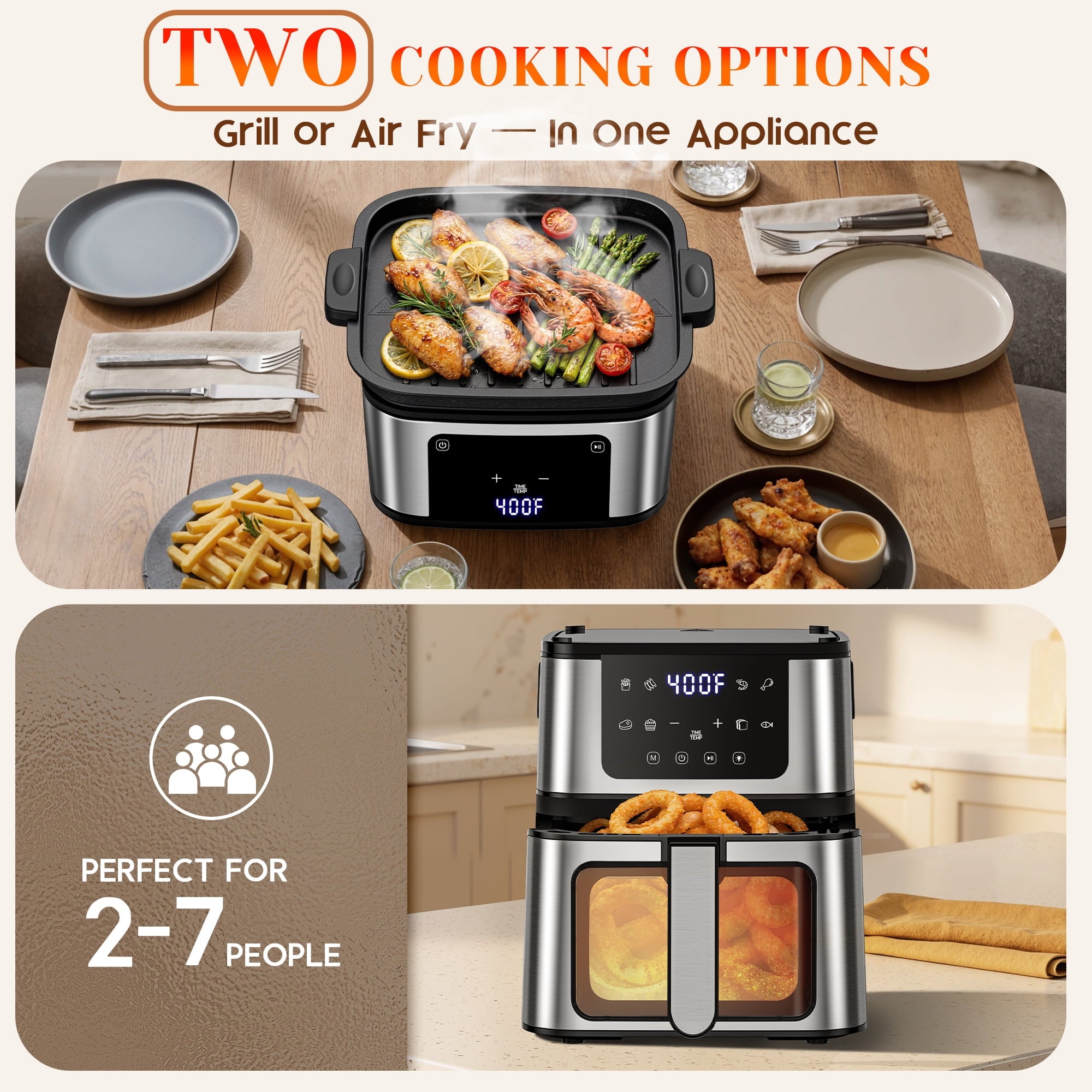 AQUGOKS 2-in-1 Air Fryer Grill Combo with Flip Plate, Viewing Window, 8 Presets, Nonstick Basket, 100 Liners Gift, Healthy Oil-Less Cooking for Family Meals
