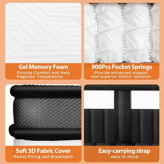 ODYAAZ Queen Mattress in a Box, 14in Queen Size Mattress, Memory Foam Mattress with Cooling Gel, Pocket Springs for Motion Isolation