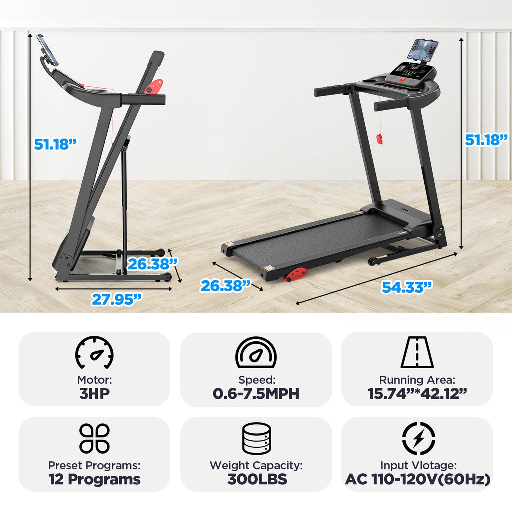 ODYAAZ Treadmill with 10% Incline, portable folding Treadmill with 5" LCD Display Console, 3.1HP Quiet Treadmills for Home and Office Use, 300 LBS Capacity, exercise treadmill
