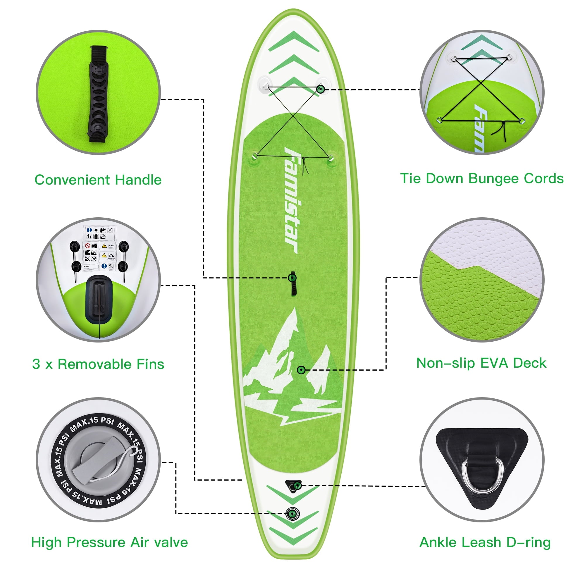 Famistar Inflatable SUP Paddle Board, 144"Lx32"Wx6"THK, w/ 3 Removable Fins, Adjustable Paddle, Pump with PSI Gauge, Carrying Backpack & Repair Kit
