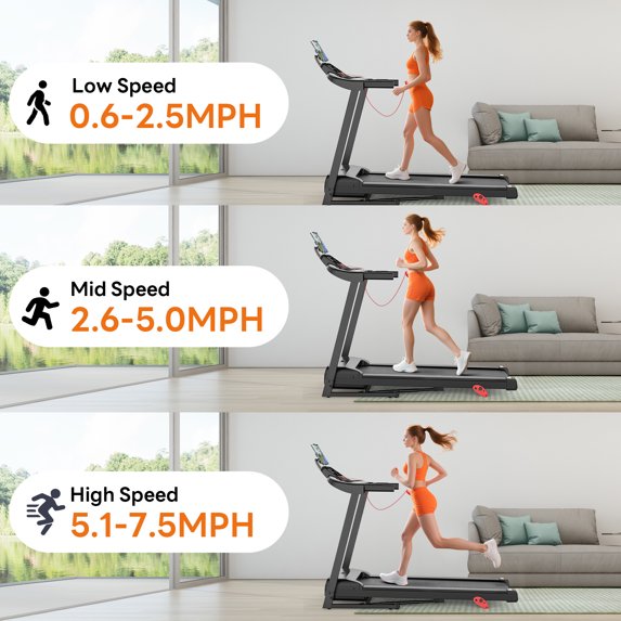 Campmoy 3.0HP Treadmill 300lbs Capacity, 6% Incline Folding Treadmill for Home, 0.6-7.5MPH, 16’’ Wild Belt, Shock Absorption, 64+3+3+1 Program, Running Machine for Home&Office