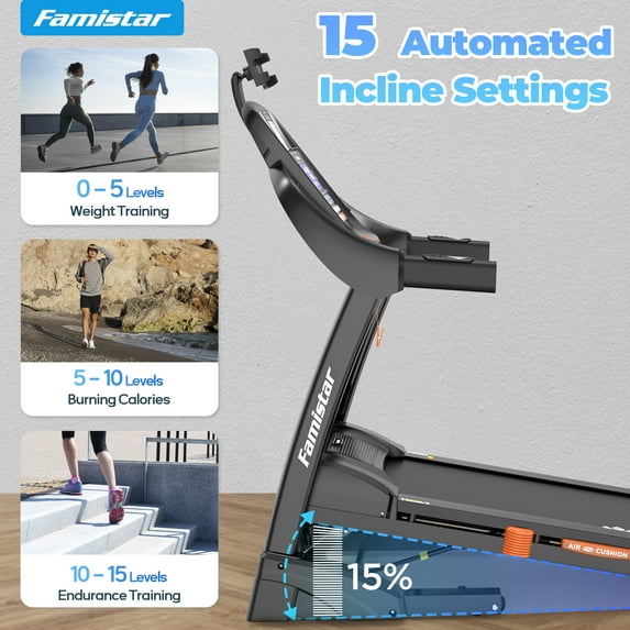 Famistar 15% Auto Incline Treadmill, 4.95HP Folding treadmill 300-400lb Capacity, 71 Smart Program, 10MPH Fast Speed, APP Control for Personalized Workout, Jogging Walking Home Treadmill w/ HiFi Speakers