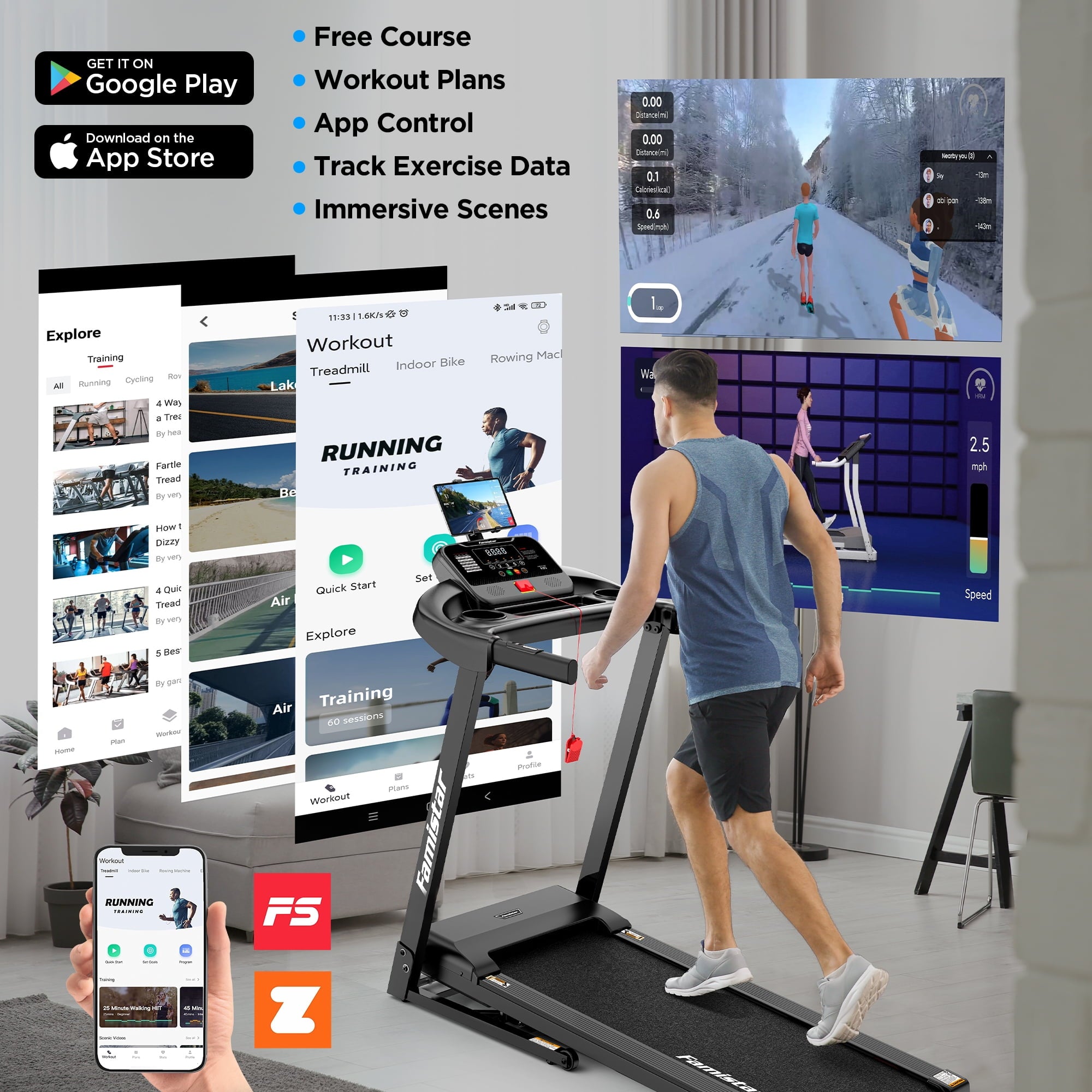 Famistar 3.7HP Folding Treadmill for Home w/ APP Control, 300lbs Capacity, Adjustable Incline, 64+7 Programs, Bluetooth Speakers, Electric Treadmill Running Machine, Fan & Knee Strap Gift