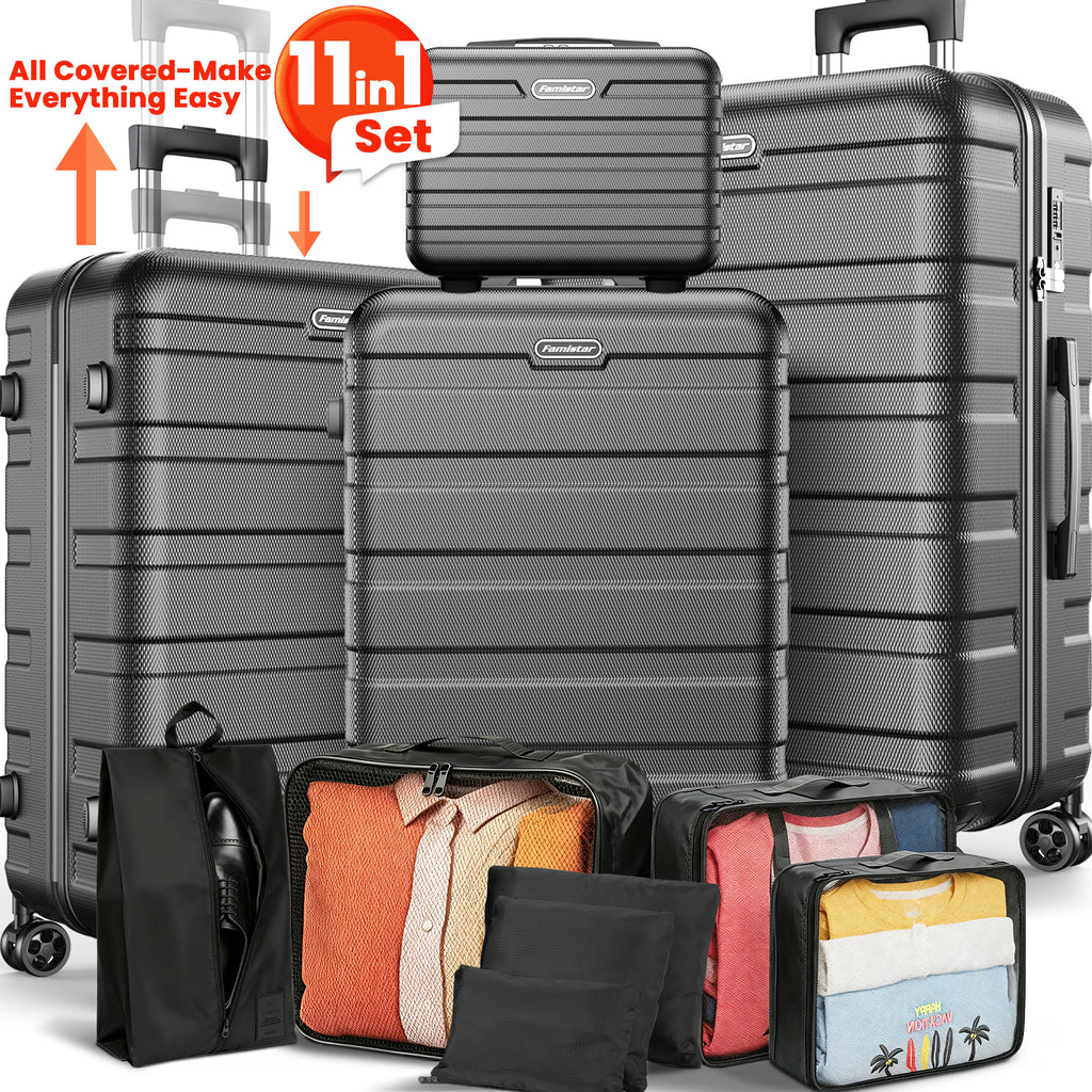 Famistar 4 PCS Hardshell Luggage Suitcase Set with 360° Double Spinner Wheels Integrated TSA Lock, 14” Travel Case, 20" Carry-On Luggage, 24" Checked Luggage and 28" Checked Luggage, Black