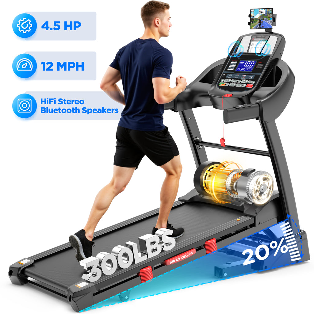 4.5 HP Foldable Treadmill for Home, Running Walking Machine, 20° Auto Incline, 12MPH, 300 Lb Capacity, APP w/ Free Training Courses, 71 Programs, Pulse Sensor, Bluetooth, Knee Strap Gift