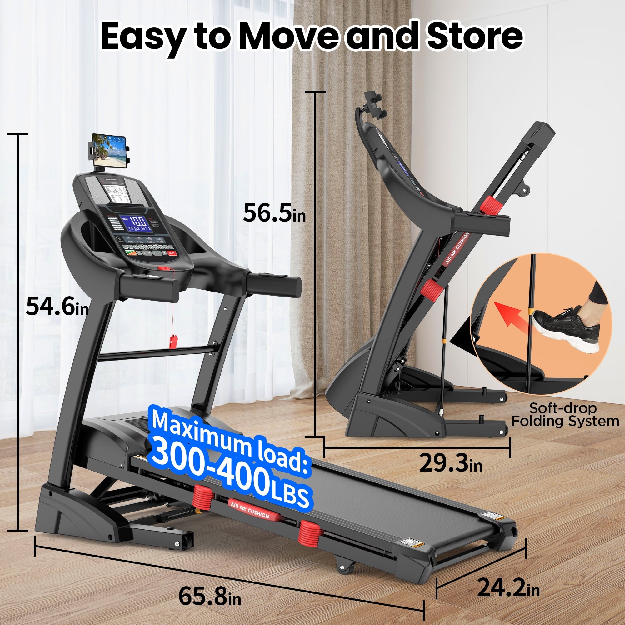 5HP Foldable Treadmill for Home w/ 15% Auto Incline, 400lbs Capacity, 10MPH Portable Treadmill, 64+7 Programs, Personalized Workout with APP, Running Walking treadmill,UPC:747607590403