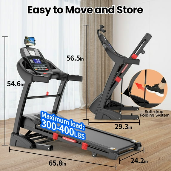 Campmoy 5HP Foldable Treadmill for Home w/ 15% Auto Incline, 400lbs Capacity, 10MPH Portable Treadmill, 64+7 Programs, Personalized Workout with APP, Running Walking treadmill, UPC:747607590403