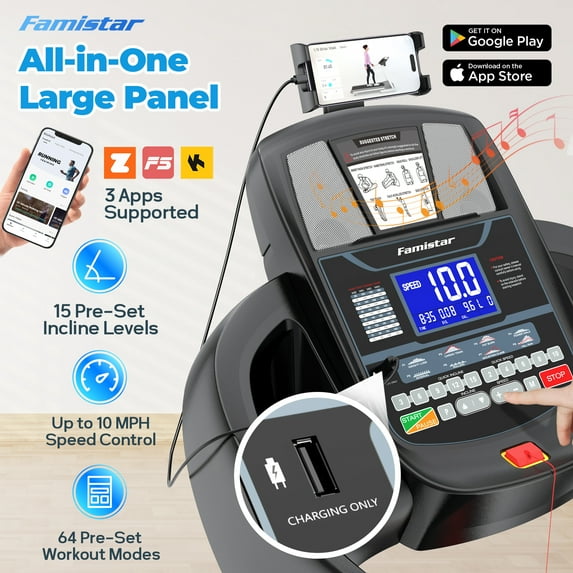 Famistar Treadmill 300 LB Capacity for Home Use, 15-Level Auto Incline, 4.9HP Folding Running Walking Treadmill, 10MPH Speed, Bluetooth, Smart Apps, 64+ Programs
