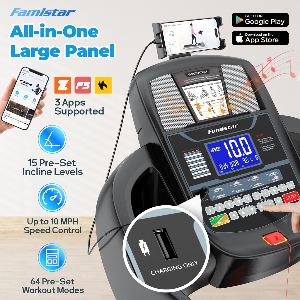 Famistar Treadmill 300 LB Capacity for Home Use, 15-Level Auto Incline, 4.9HP Folding Running Walking Treadmill, 10MPH Speed, Bluetooth, Smart Apps, 64+ Programs
