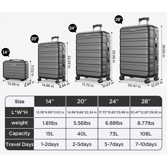 ODYAAZ Luggage Sets 11 Piece, Expandable ABS Durable Suitcases Sets, Lock Travel Checked Luggage Sets Black