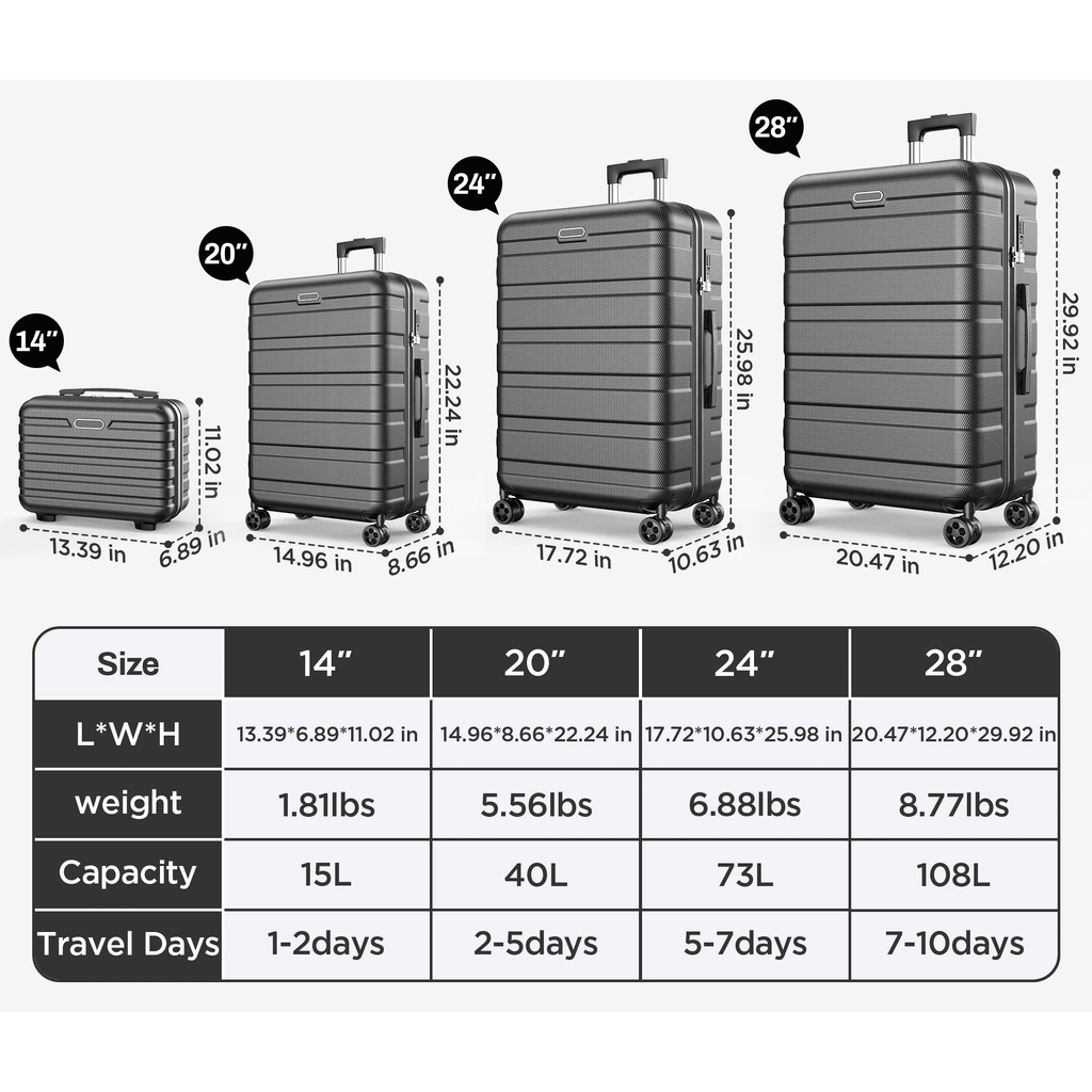 WNANEEZ 11-Piece Hardshell Luggage Set with Spinner Suitcases & Storage Bags, Multi-Size Travel Combination for Business Trips Holiday and Daily Travelers