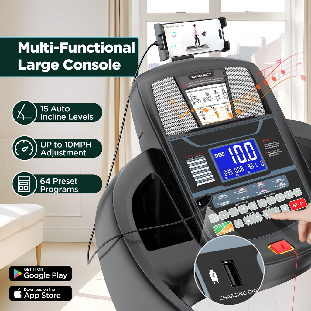 FaayFian Treadmills for Home, 4.75HP Quiet Brushless Folding Treadmill with Auto Incline, Dual Cushion System,Treadmill 300lb Capacity w/Holder for Cup & Phone, 64+3+3+1 Programs, Knee Gift