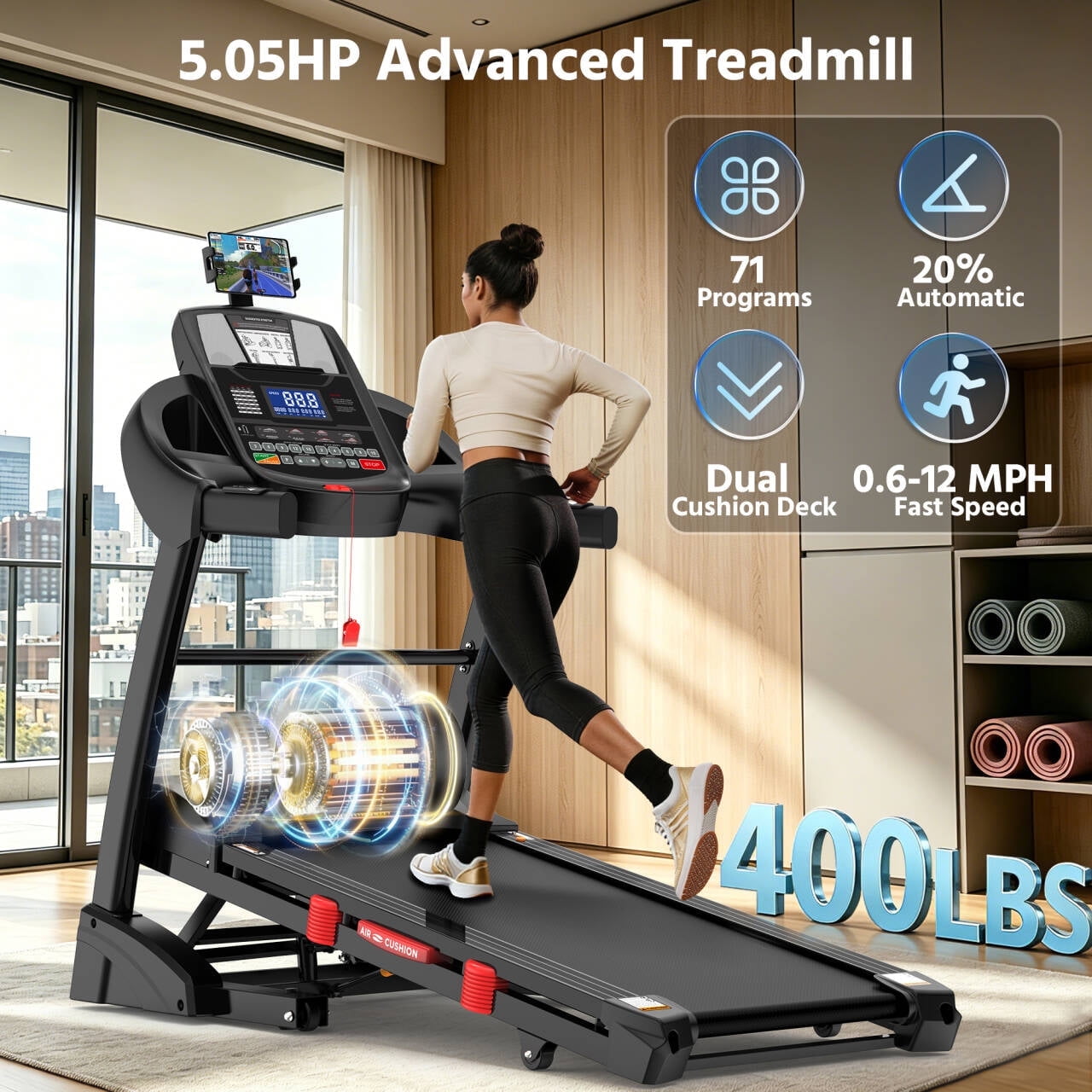 AQUGOKS Treadmill for Home - 20% Auto Incline, 12 MPH, 300-400 Lbs Capacity, 50"x18" Running Surface. LED Display Shows Speed, Incline, Time, Distance and Calories.