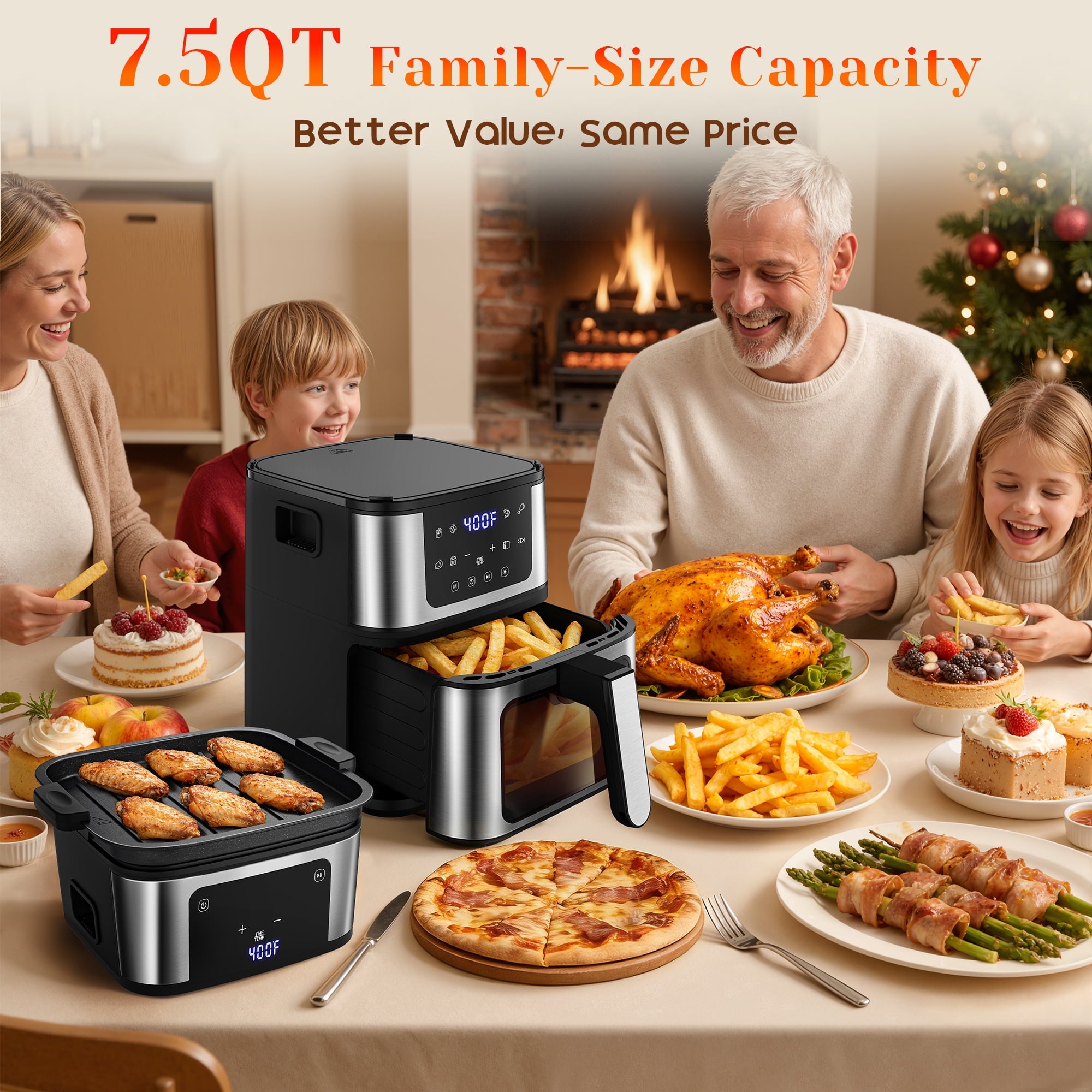 AQUGOKS 2-in-1 Air Fryer Grill Combo with Flip Plate, Viewing Window, 8 Presets, Nonstick Basket, 100 Liners Gift, Healthy Oil-Less Cooking for Family Meals
