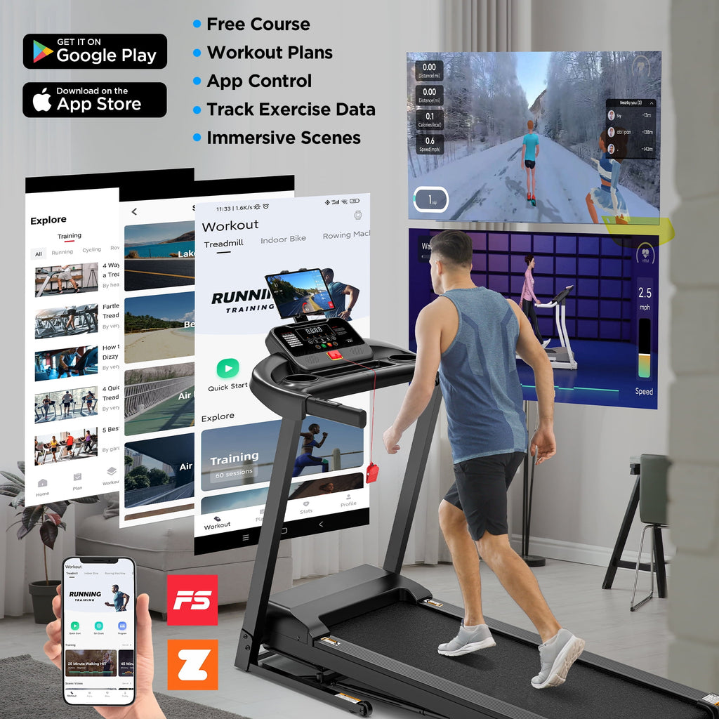 Campmoy Folding Treadmill w/ Incline, 3HP Treadmill for Home w/ 300lb Capacity, 71 Programs