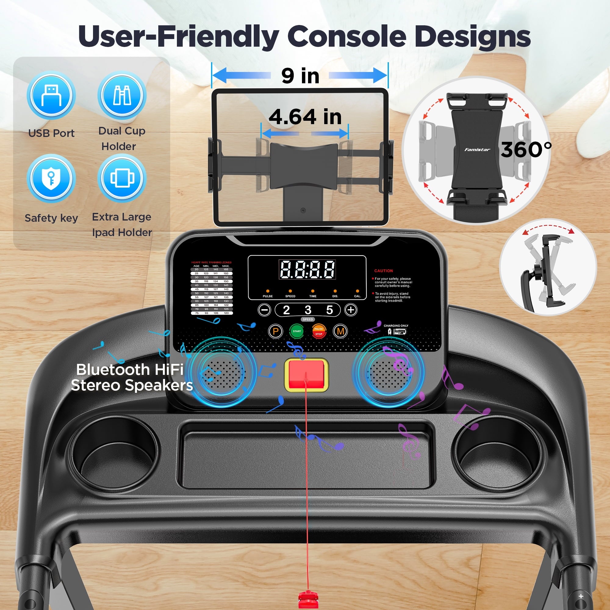 FaayFian 3.25HP Portable Folding Treadmill with 12-Level Adjustable Incline, 7.5MPH Max Speed, Foldable Eltreadmill for Home Gyms, Running & Walking Machine, 64+3+3+1 Programs