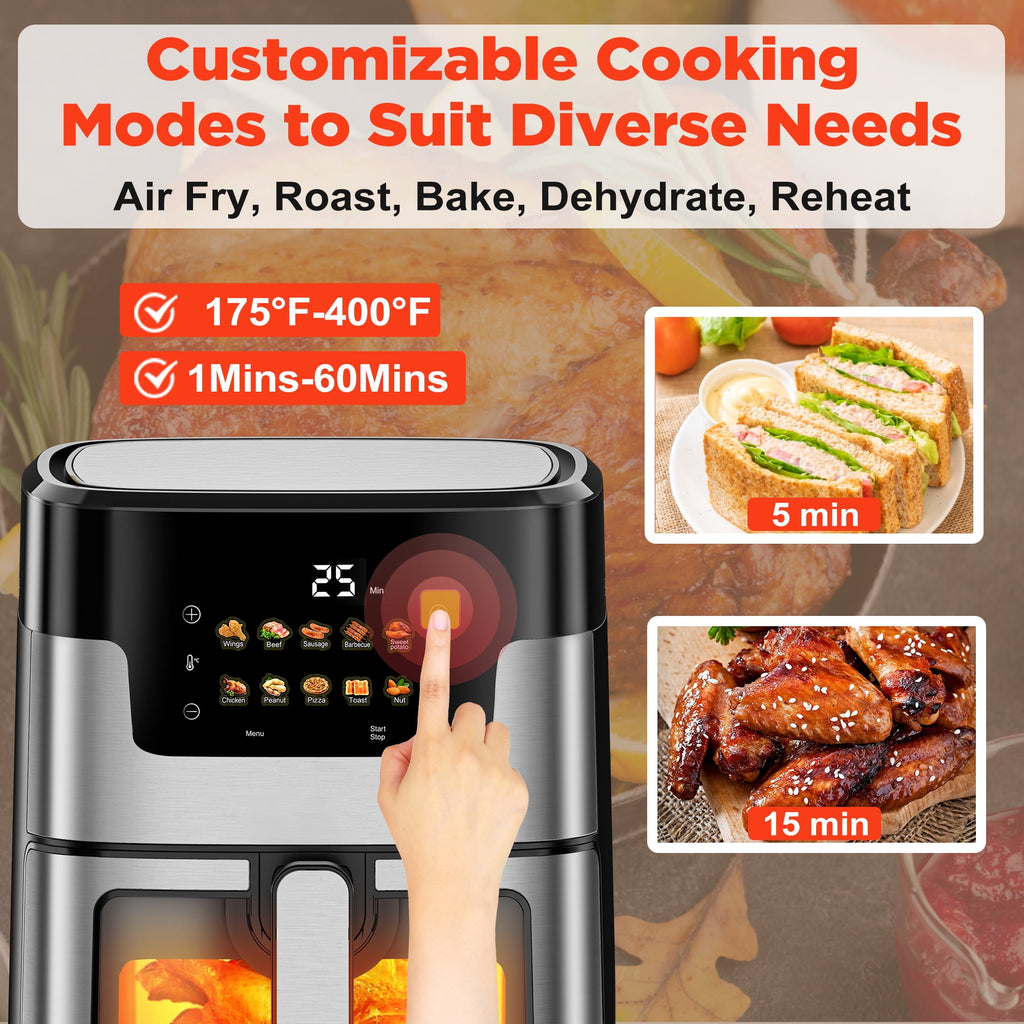 ODYAAZ Air Fryer Oven, 10-in-1 7.5Qt Multifunction Air Fryer with Digital LED Touch Screen, 10 Preset Cookings, Dishwasher-Safe Basket, 95% Less Oil, Nonstick Dishwasher-Safe Basket, 100Pcs Liner