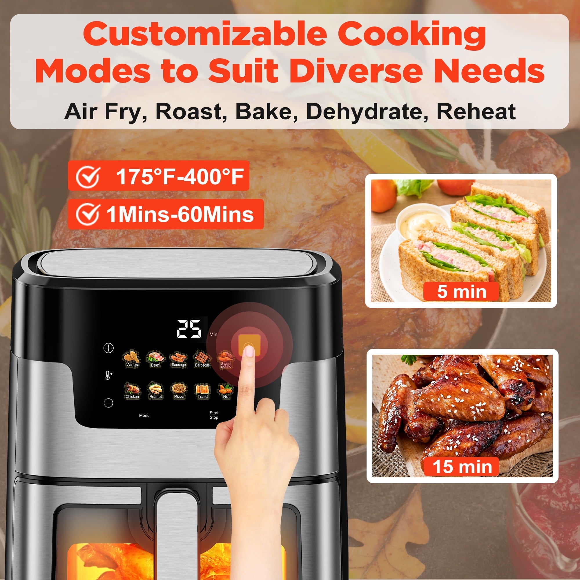 ODYAAZ Air Fryer Oven, 10-in-1 7.5Qt Multifunction Air Fryer with Digital LED Touch Screen, 10 Preset Cookings, Dishwasher-Safe Basket, 95% Less Oil, Nonstick Dishwasher-Safe Basket, 100Pcs Liner