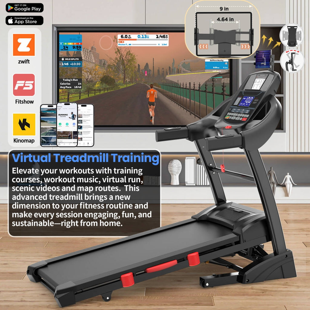 Campmoy 5HP Foldable Treadmill for Home w/ 15% Auto Incline, 400lbs Capacity, 10MPH Portable Treadmill, 64+7 Programs, Personalized Workout with APP, Running Walking treadmill