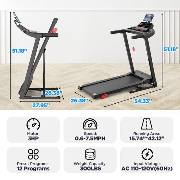 FaayFian 3HP Treadmill with Incline and Handles, Portable Foldable Heavy Duty Treadmill for Home, 300-350 lbs Capacity, 7.5 MPH, 71 Programs, Free App Workouts, Walking, Jogging, Running Machine