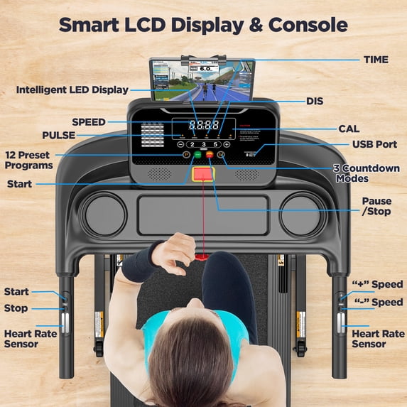 FaayFian 3HP Treadmill with Incline and Handles, Portable Foldable Heavy Duty Treadmill for Home, 300-350 lbs Capacity, 7.5 MPH, 71 Programs, Free App Workouts, Walking, Jogging, Running Machine